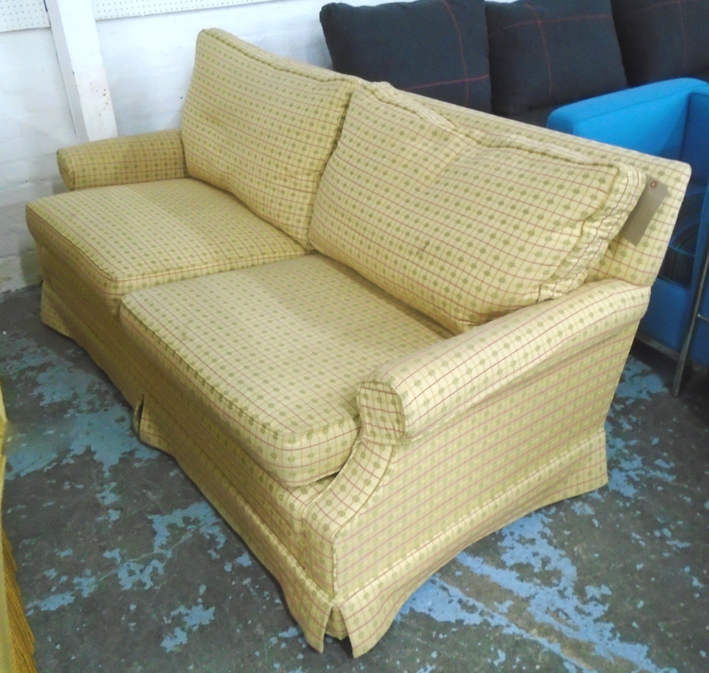 SOFA, two seater with a yellow patterned upholstery, 167cm L x 76cm H x 84cm D.