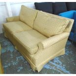 SOFA, two seater with a yellow patterned upholstery, 167cm L x 76cm H x 84cm D.