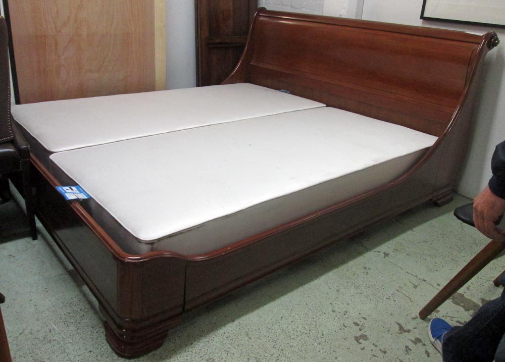 (WITHDRAWN LOT) DOUBLE SLEIGH BED, by 'And So To Bed' with base, 225cm L x 190cm W x 101cm H,