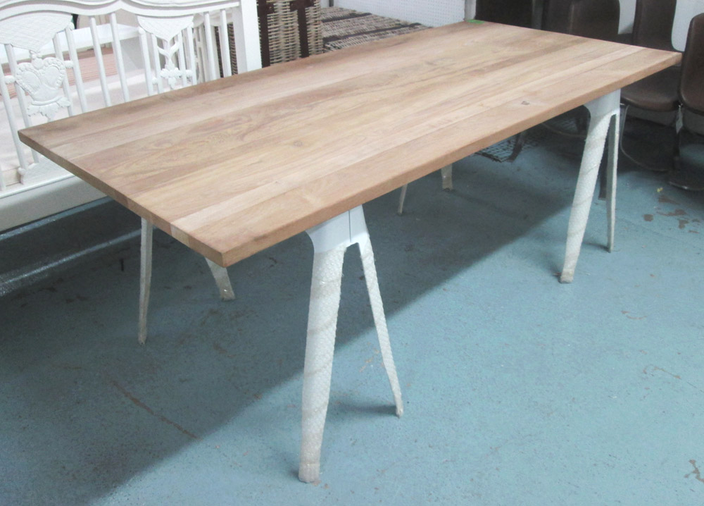 INDUSTRIAL STYLE TRESTLE TABLE, originally by Tolix, wood top with white lacquered metal trestles.