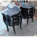 SIDE CHESTS, a pair, Louis XV style with three drawers below in black finish with marble tops,