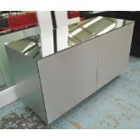 SIDE CABINET, rectangular brushed steel with cupboards and mirror top, 70cm H x 130cm W x 51cm D.