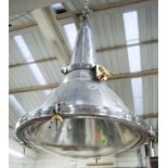 INDUSTRIAL CEILING LIGHT, early 20th century aluminium, steel and brass with glass shade,