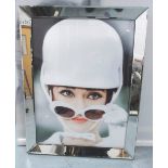 PICTURE, of Audrey Hepburn, 90cm x 70cm, mirrored frame.