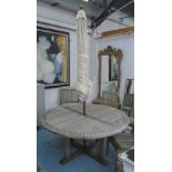 GARDEN TABLE, weathered teak, circular with parasol, 151cm diam.