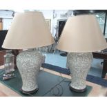 TABLE LAMPS, two, ceramic with brown foliate decoration and light coloured shades, 83cm H.