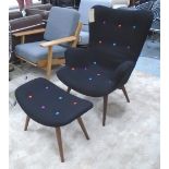 OCCASIONAL CHAIR AND FOOT STOOL, in a felt upholstery with rainbow button detailing,