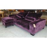 SOFA, in plum velvet upholstery, with footstool, sofa 245cm W x 106cm D x 59cm H,