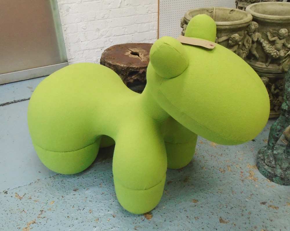 SEATING, in the style of 'Giddy Up Pony' chair, in green felt, 106cm L x 58cm W x 81cm H.