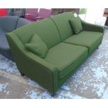 SOFA, two seater, Contemporary design, dark green with scatter cushions on block feet.