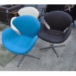 SWAN STYLE CHAIRS, a trio, as originally designed by Arne Jacobsen, one in a blue felt,