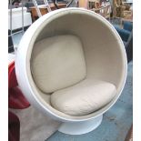 BALL CHAIR, in the style of Eero Saarinen, in white fibre glass with neutral fabric to inside,