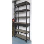 INDUSTRIAL SHELVES, metal framed with wood tiers and two drawers on castors,