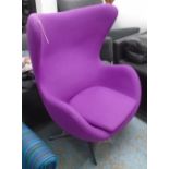 EGG CHAIR, in the style or Eero Saarinen in purple fabric on swivel chromed metal supports, 78cm W.