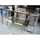 CONSOLE TABLE, rectangular bimetallic framed with inset glass and indented stretchered supports,