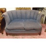 SOFA, two seater, in a blue patterned chenille upholstery on black feet, 160cm L x 70cm x 90cm.