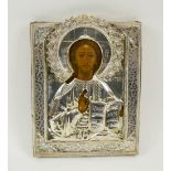 RUSSIAN ICON, Christ Pantokrator with hallmarked silver oklad, 22cm H x 18cm W overall.