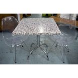 BISTRO TABLE AND CHAIRS, square black and white leaf pattern with chrome support, 72cm H x 70cm W,