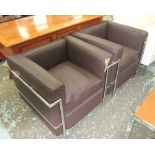 ARMCHAIRS, a pair, Le Corbusier style in brown within a chromed metal frame, 76cm W.