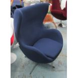 EGG CHAIR, in the style of Eero Saarinen in royal blue fabric on swivel chromed metal support,