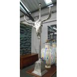 FLOOR LAMP, with bull skull decoration in chromed metal finish, 152cm H.