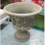 RECONSTITUTED STONE VASES, a pair, floral swag decoration, 56cm H.