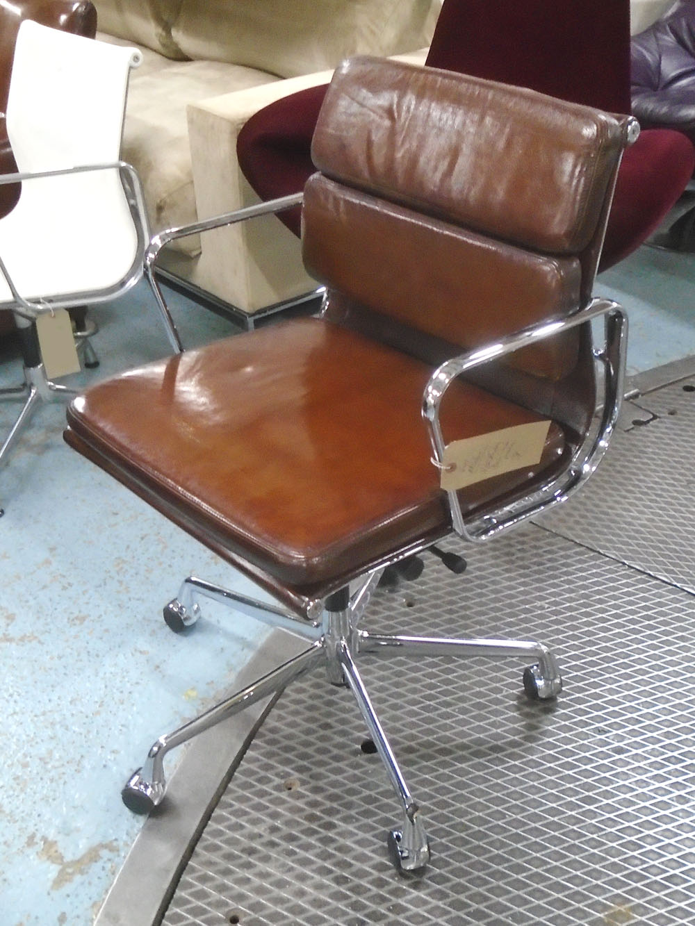 REVOLVING DESK CHAIR BY VITRA, Charles Eames design, padded leaf brown leather,