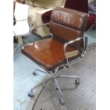 REVOLVING DESK CHAIR BY VITRA, Charles Eames design, padded leaf brown leather,