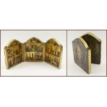 TRIPTYCH ICON, painted on wooden panels within a brass frame,