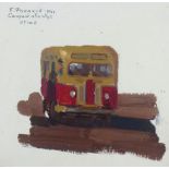 BORIS FAENKOV (Russian, 1920-1999), 'The old bus', 1954, oil on board, 14cm x 14cm, framed.