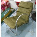 1950'S EASY CHAIR, in olive suede on chromed tubular frame Bauhaus style, 56cm W.