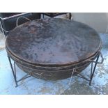 DRUM CIRCULAR ANIMAL HIDE ON METAL STAND, 101cm W x 58cm H.