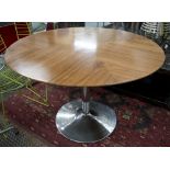 CAFE TABLE, circular quarter veneered walnut on polished aluminium graduated base, 110cm diam.