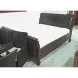 DOUBLE BED, wood and brown leather with mattress, 196cm W x 121cm H x 225cm L.