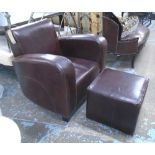 CLUB ARMCHAIR, Deco style brown leather, with foot stool, 91cm W x 88cm T x 81cm D.