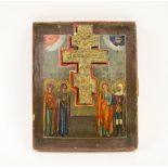 ICON, with metallic crucifix set within a painted wooden panel depicting saintly figures,