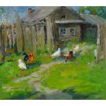 YURI KUCHINOV (Russian), 'The Village Street', oil on canvas, 30cm x 33cm, framed and glazed.