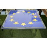 FLAG TABLE, square lucite bound European flag on chrome supports, 90cm x 90cm x 45cm H.