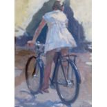 VIKTOR KOSHEVOI (Ukrainian 1924-2006), 'Bicycle Ride', 1961, oil on board, 43cm x 32cm, framed.