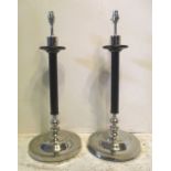 TABLE LAMPS, a pair, mid 20th century nickel plated and patinated metal of column form,