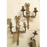 WALL LIGHTS, a pair, gilt metal, each with two lighting arms, 50cm H.