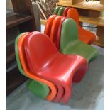 CHILD SIZE CHAIRS, a set of twelve, Panton style, fibre glass construction, in a rainbow of colours,