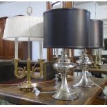 TABLE LAMPS, a pair, silver coloured finish with shades,