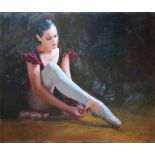 DMITRI KOLUJNI (Ukrainian), 'Ballerina tying her shoes', oil on canvas, 52cm x 63cm, framed.