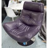 EASY ARMCHAIR, Contemporary aubergine grained leather revolving on a circular metal base.