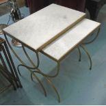 SIDE TABLES, a graduated set of two, with marble tops on gilded metal bases,