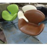 SWAN STYLE CHAIRS, as originally designed by Arne Jacobsen a trio, two leather and one cloth.