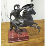 STATUETTE, spelter, of a Roman soldier riding a horse on a red marble plinth, 44cm H.