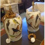 TABLE LAMPS, a pair, bespoke by Diana Mayo with ornithological imagery design, 42cm tall.