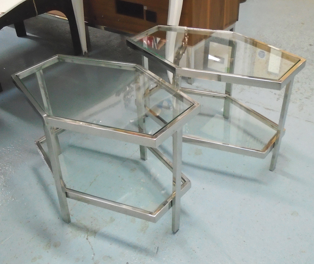 SIDE TABLES, a pair, lozenge design with glass top and shelf on a chromed metal frame,